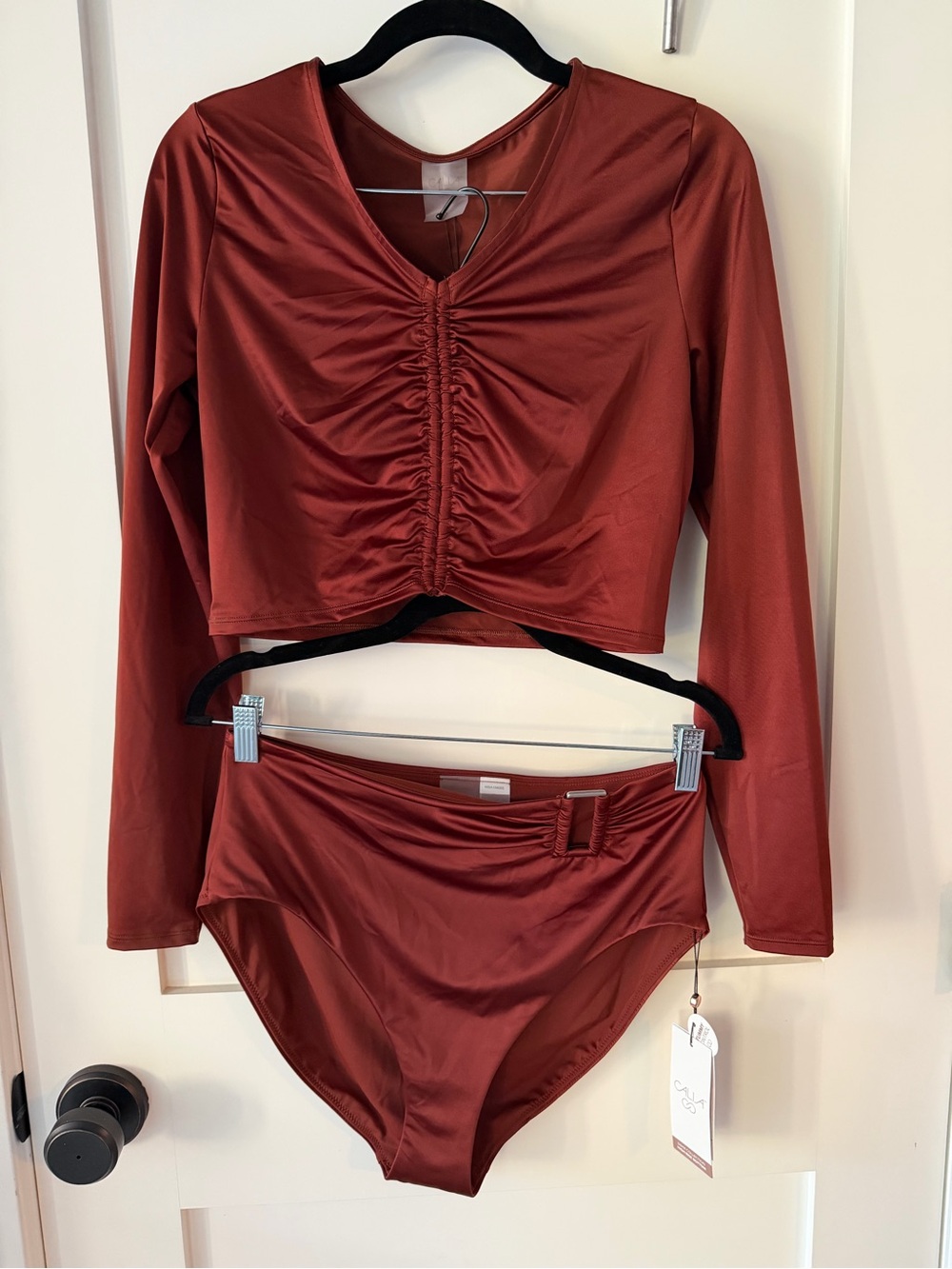 CALIA Rust Colored Ruched Long-Sleeve Crop Bikini Top & High-Waist Bottoms